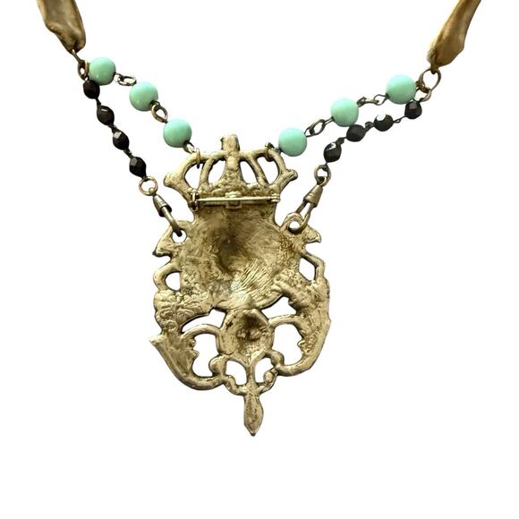 Vintage Brooch Statement Necklace Beaded Velvet Ribbon Handmade Jewelry Pendant - Picture 3 of 6